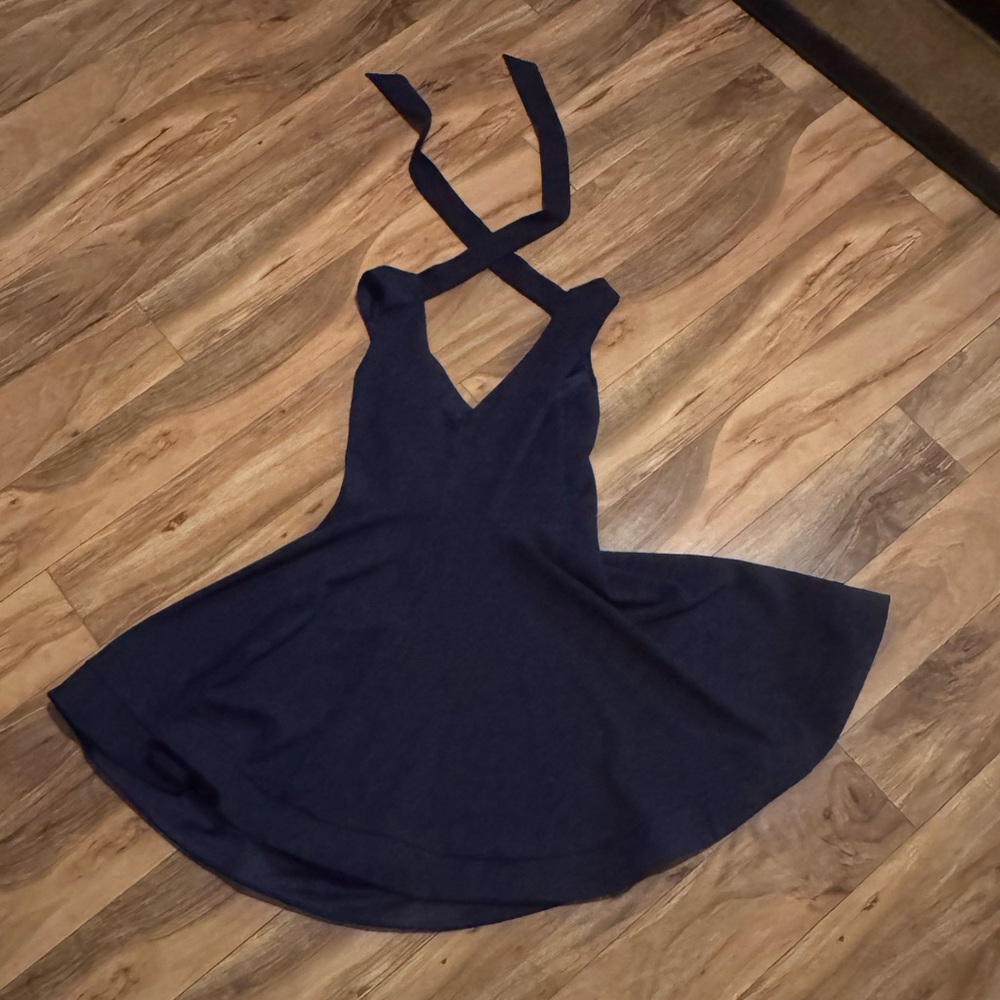 B Darlin Navy Blue V Neck Backless Mini Flare Dress